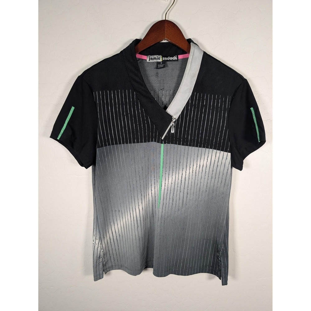 Jamie Sadock Shirt Womens Medium Black Gray Zip Neck Golf Stretch Short Sleeve